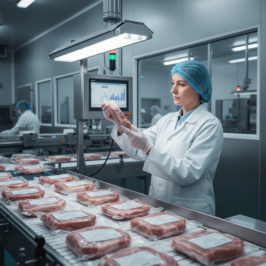 Inspeção de qualidade de produtos suínos processados em frigorífico moderno