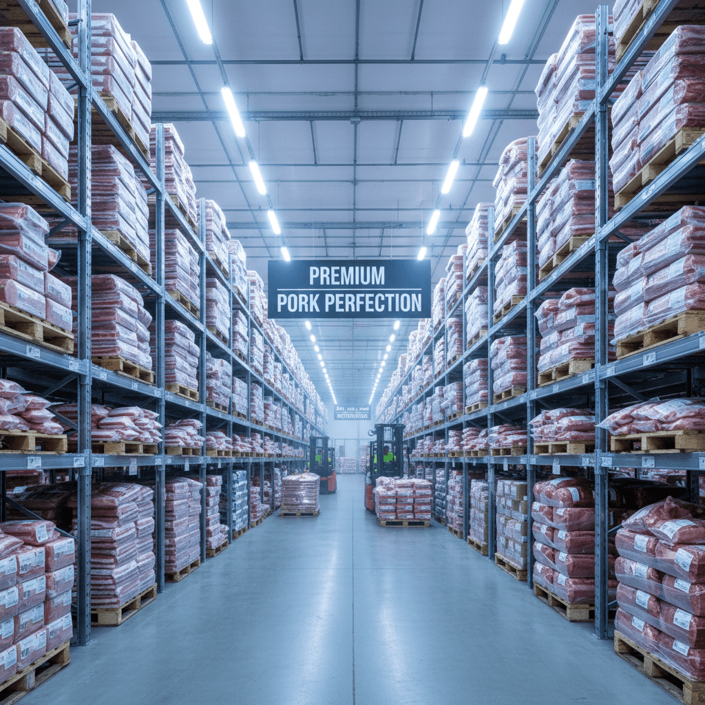Armazenagem frigorífica organizada com produtos suínos processados em caixas