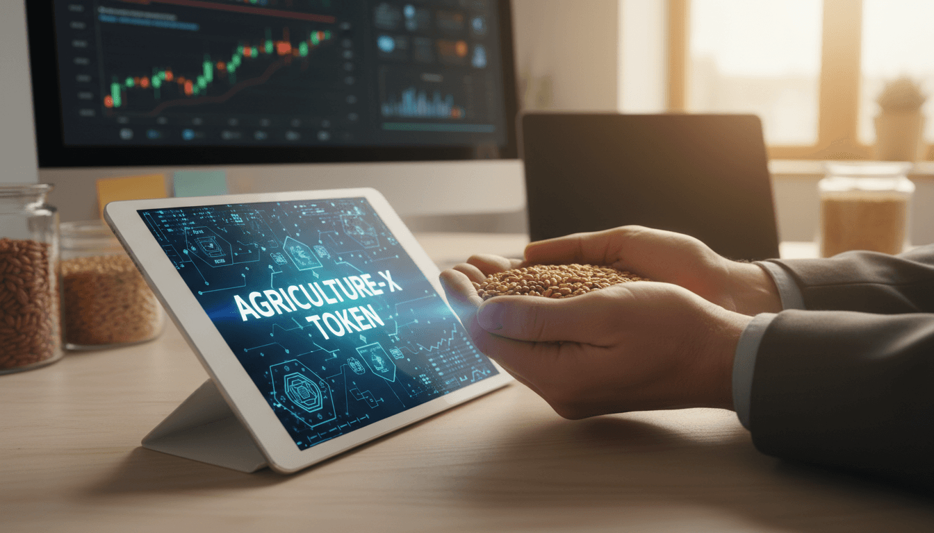 Mãos de investidor com commodity física e dados cripto em tablet