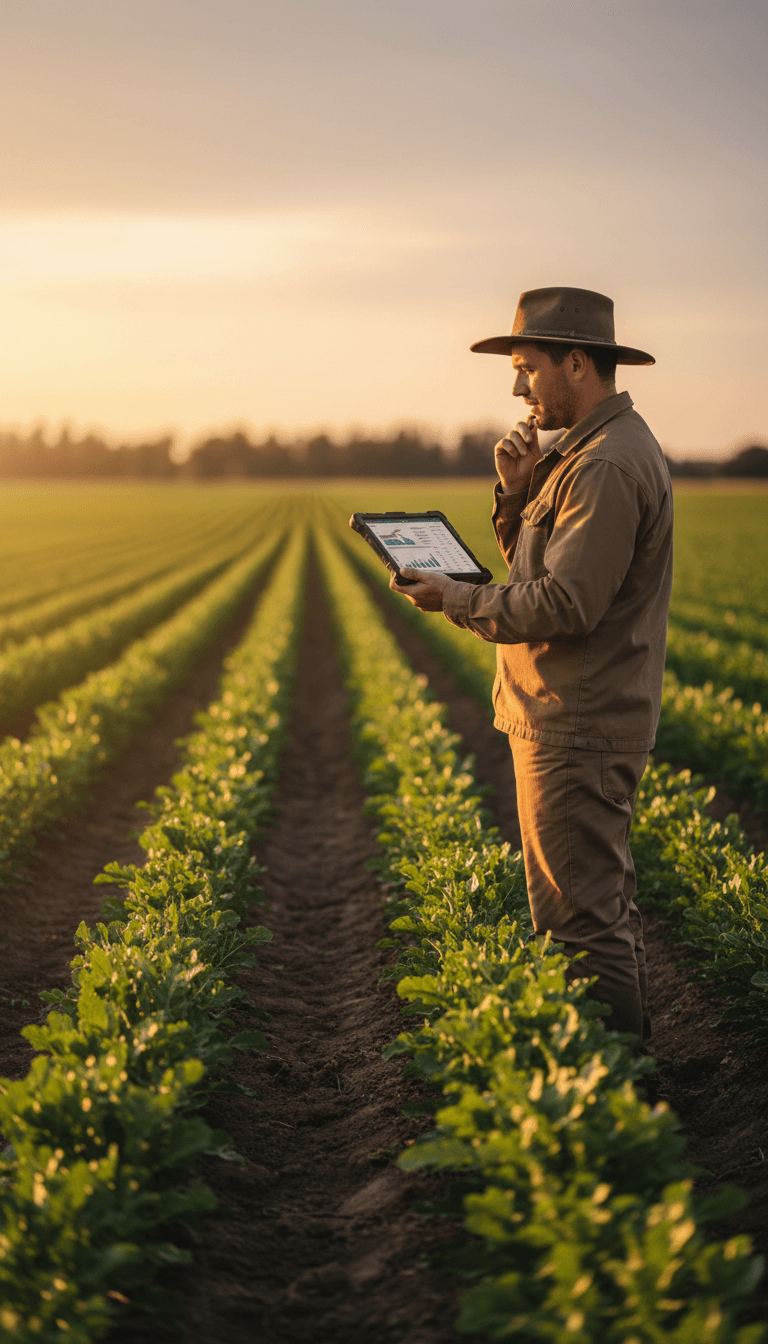 Produtor rural analisando métricas de safra com tablet