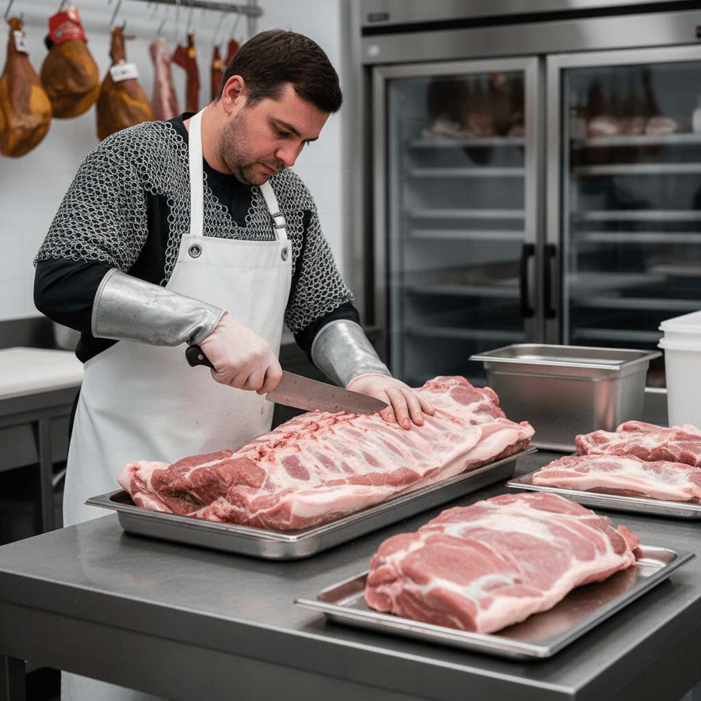 Corte profissional de carcaça de porco em superfície de trabalho sanitizada