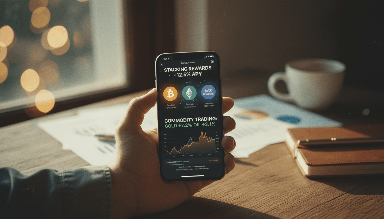 Smartphone mostrando interface de stacking de criptomoedas e financiamento