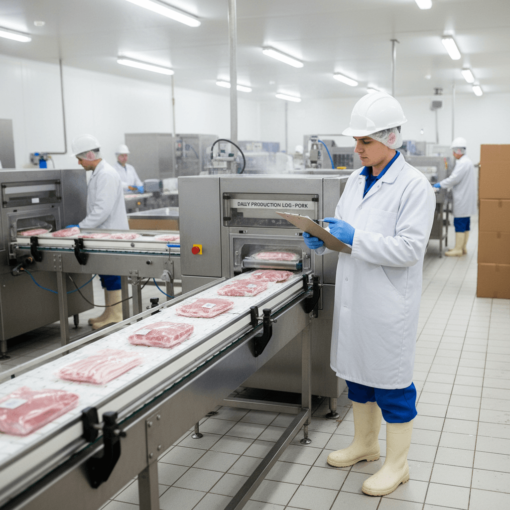 Operacional de frigorífico verificando conformidade de produção semanal