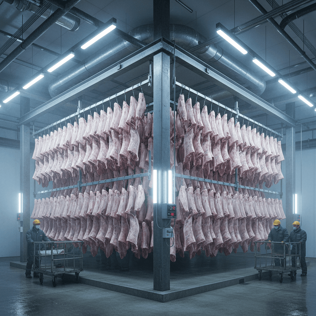 Câmara frigorífica com carcaças de porco em ambiente com temperatura controlada