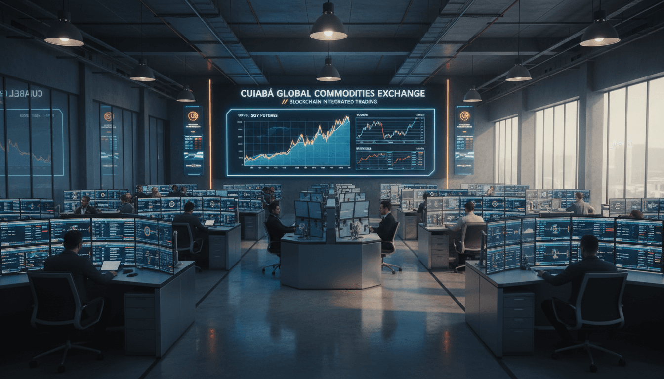 Sala de negociação moderna com telas de commodities e criptomoedas