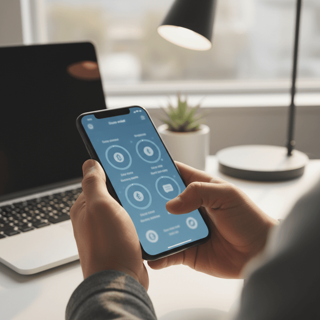 Mão segurando smartphone com interface de staking e rewards