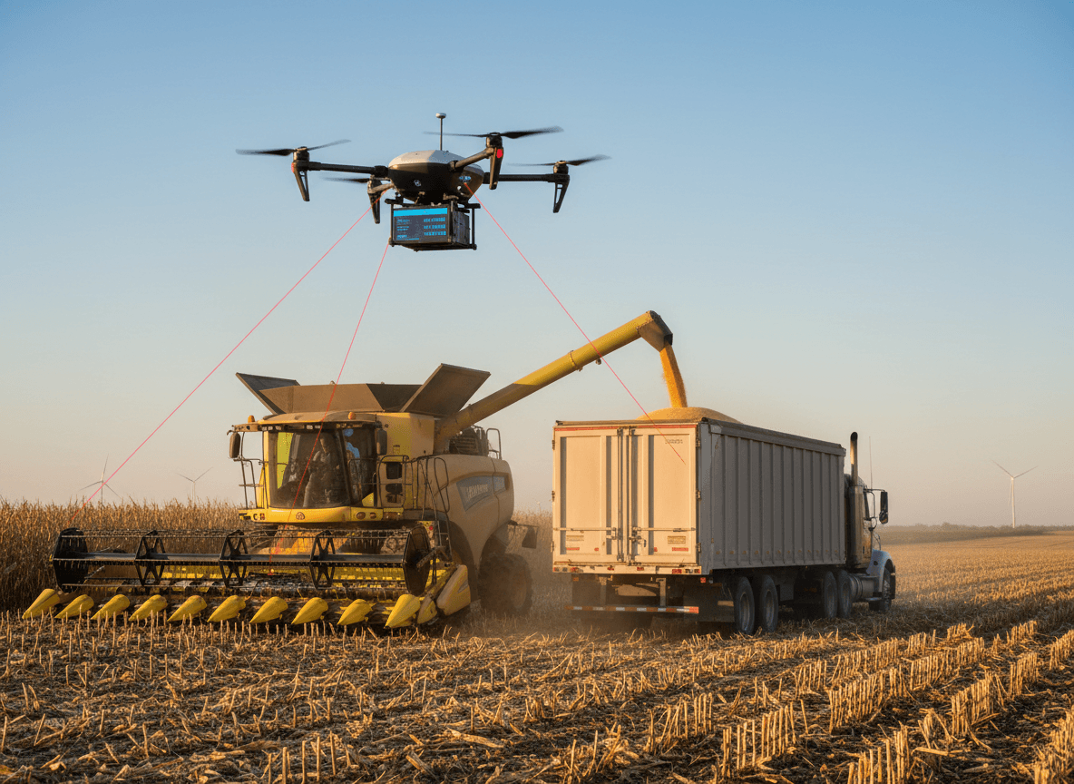 Drone com lasers monitora colheitadeira amarela transferindo grãos para caminhão em campo de milho.
