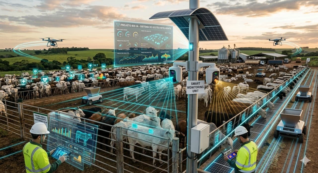 Pecuária inteligente com drones e sensores monitorando gado em fazenda tecnológica ao entardecer.