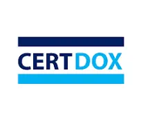 Logotipo CERTDOX com texto azul entre barras horizontais em tons de azul escuro e claro.